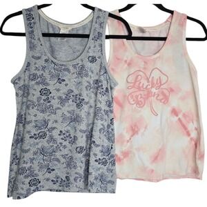 2 LUCKY BRAND Tank Tops Sz M Gray Blue Floral, Pink Tie Dye‎ Logo Soft Boho